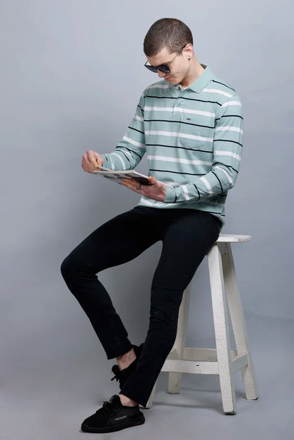 Ocean Green Striped Cotton Full Sleeve Men Polo T Shirts With Pocket