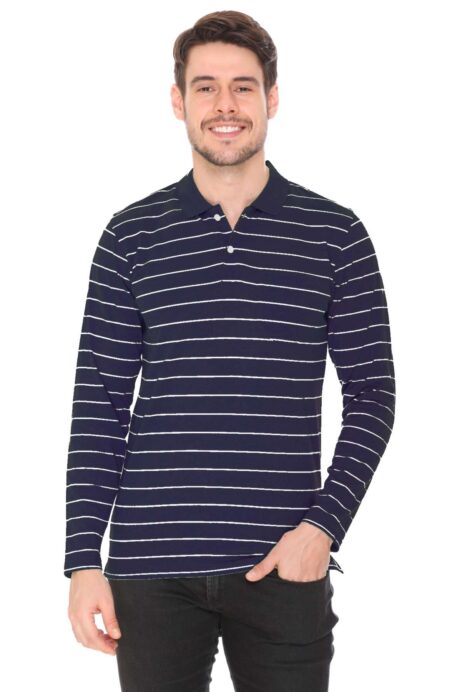 Navy Striped Men Full Sleeve Polo T-Shirt