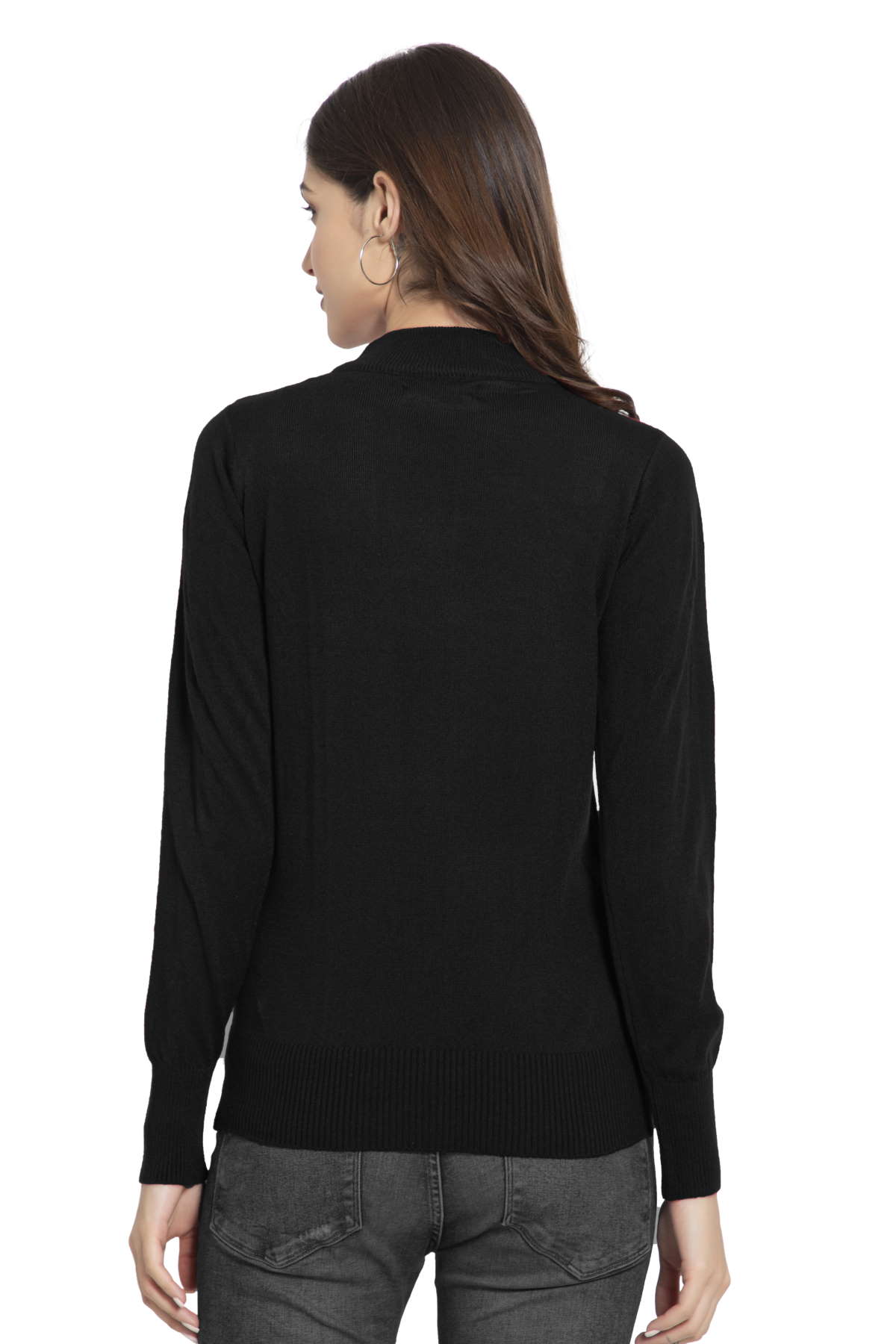 Black Full Sleeve Woolen Turtle Neck Sweater For Women - GODFREY
