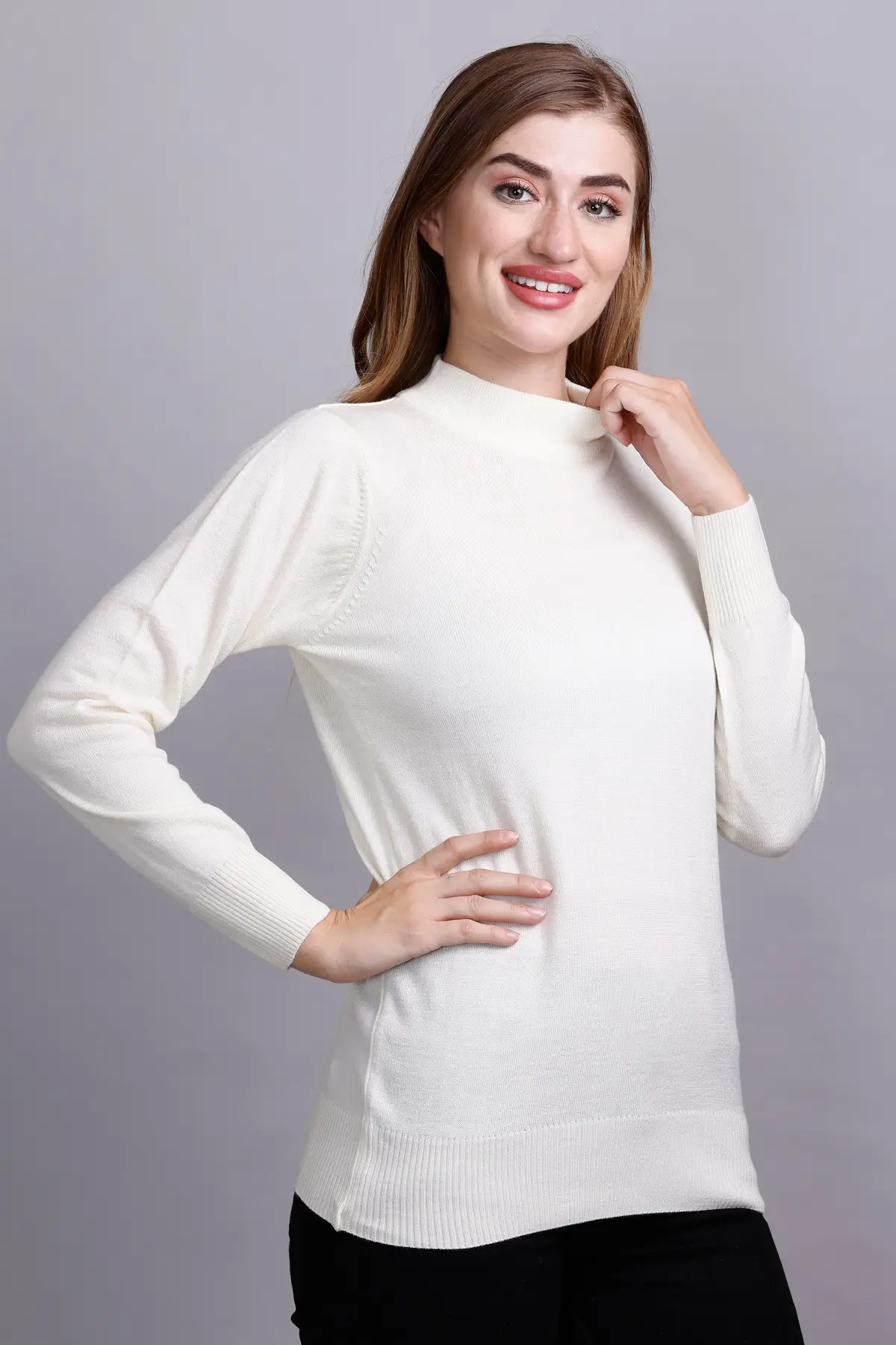 Off White Full Sleeve Woolen Turtle Neck Sweater For Women - GODFREY