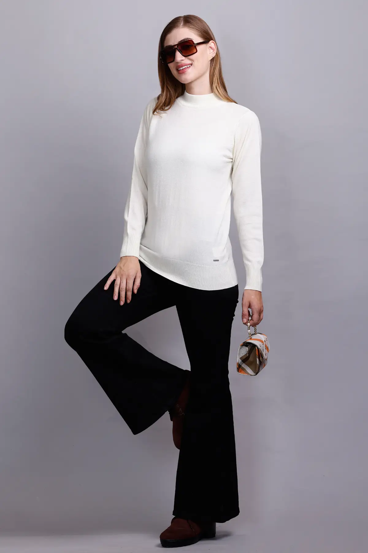 Off White Full Sleeve Woolen Turtle Neck Sweater For Women - GODFREY