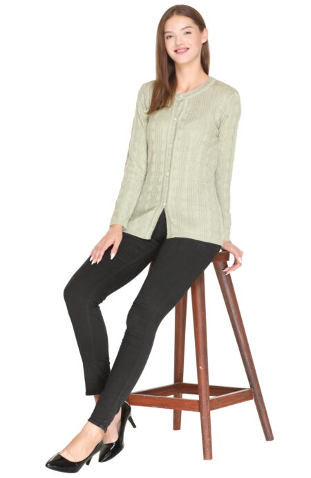 Pista Woolen Band Neck Self Knit Cable Textured Design Cardigan For Women