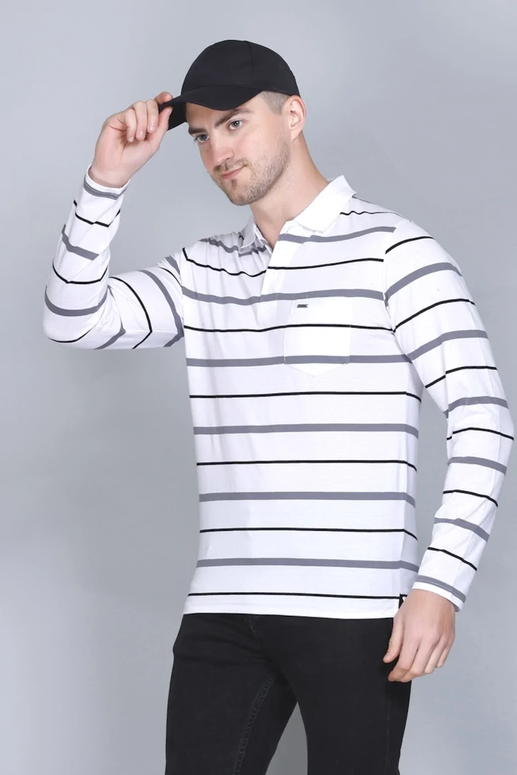 White Striped Cotton Full Sleeve Polo T Shirts With Pocket - GODFREY