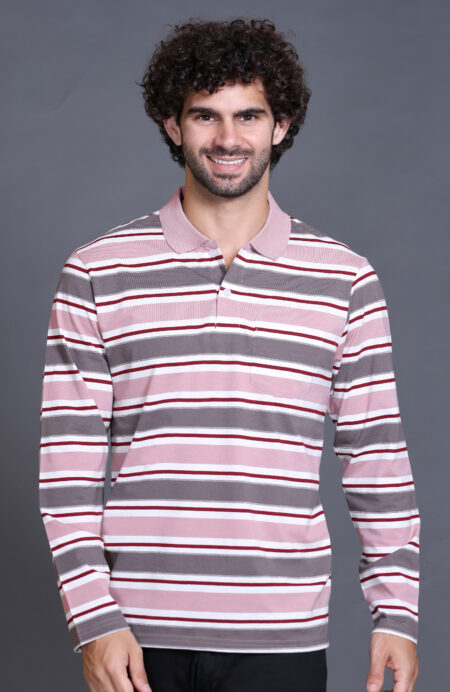 Onion Striped Cotton Full Sleeve Polo Men T Shirts With Pocket