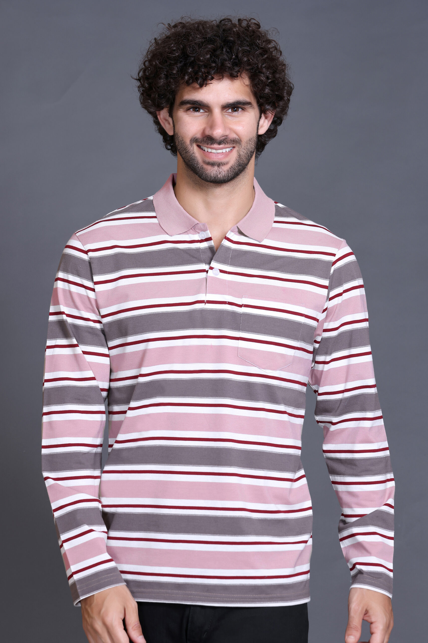 Onion Striped Cotton Full Sleeve Polo Men T Shirts With Pocket
