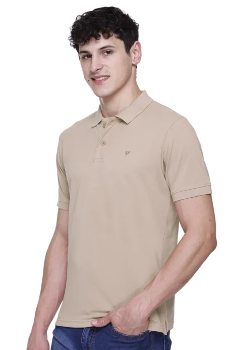 Beige Solid Polo Neck Cotton Half Sleeve T-Shirt for Men