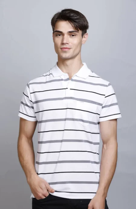 White Striped Half Sleeve Polo T-Shirt for Men With Pocket