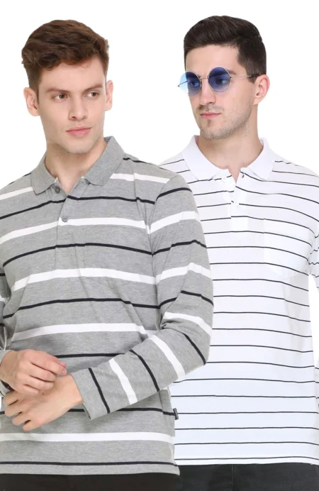 Striped Cotton Men Full Sleeve Polo T Shirts With Pocket Combo (Pack of 2)