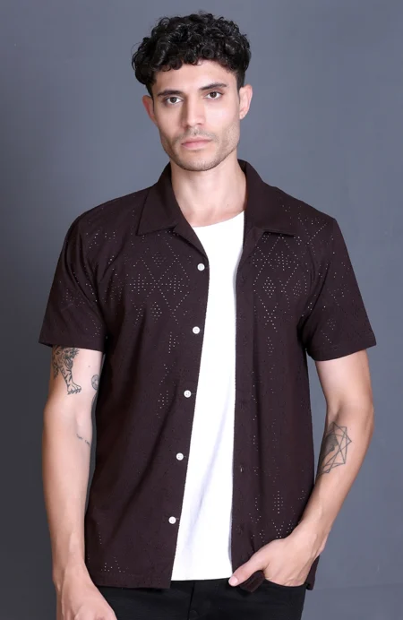 Coffee Cuban Collar Shirt For Men