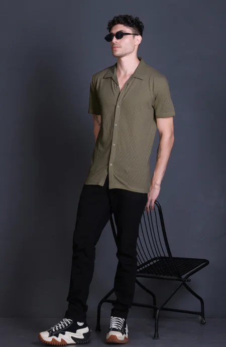 Olive Cuban Collar Shirt For Men