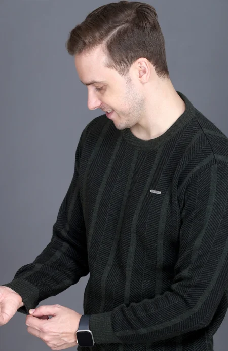 Olive Woolen Round Neck Designer Men Sweater