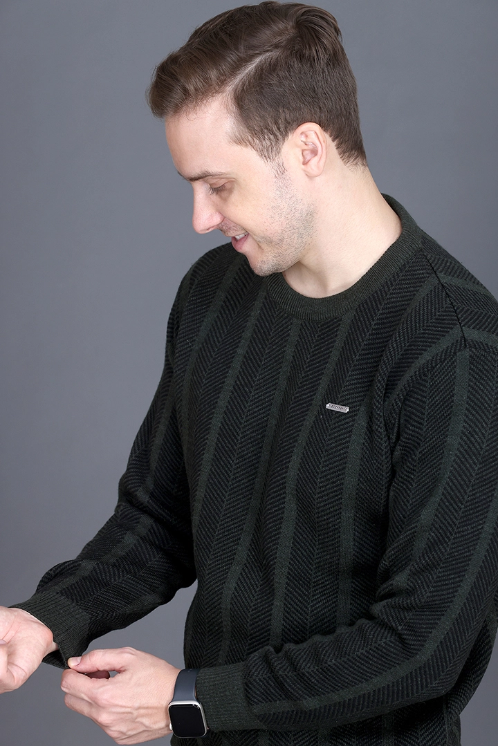 Olive Woolen Round Neck Designer Men Sweater
