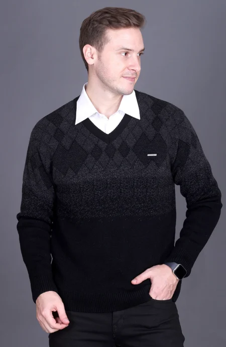 Black Woolen V-Neck Designer Men Sweater