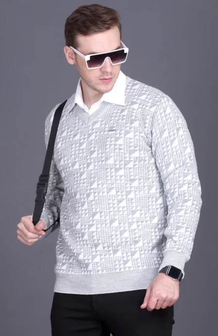 Off White Woolen V-Neck Designer Men Sweater
