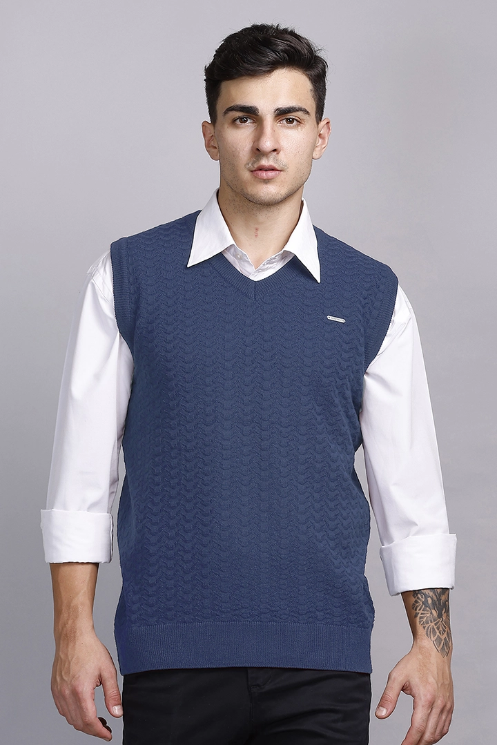 Denim Woolen V-Neck Sleeveless Half Sweater For Men