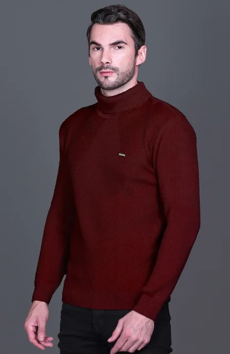 Wine Solid Turtle Neck Woollen Pullover