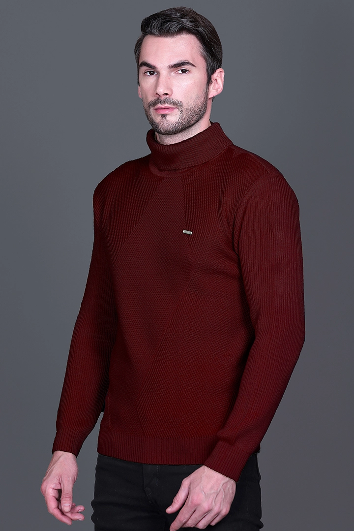 Wine Solid Turtle Neck Woollen Pullover