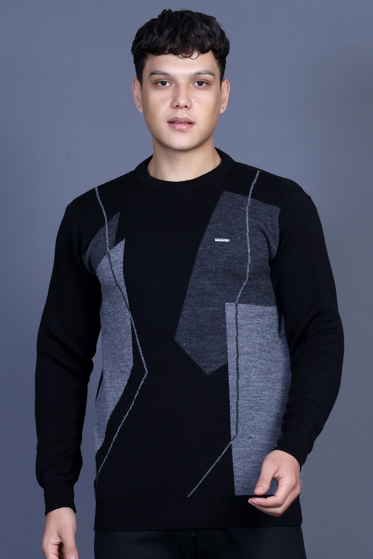 Black Woolen Round Neck Designer Men Sweater