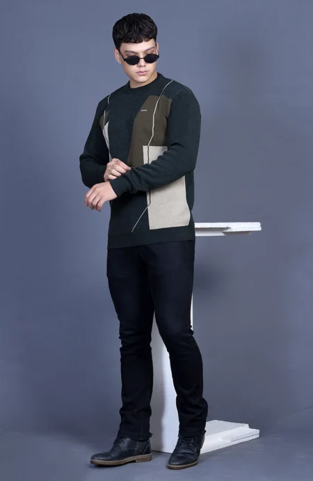 Olive Woolen Round Neck Designer Men Sweater