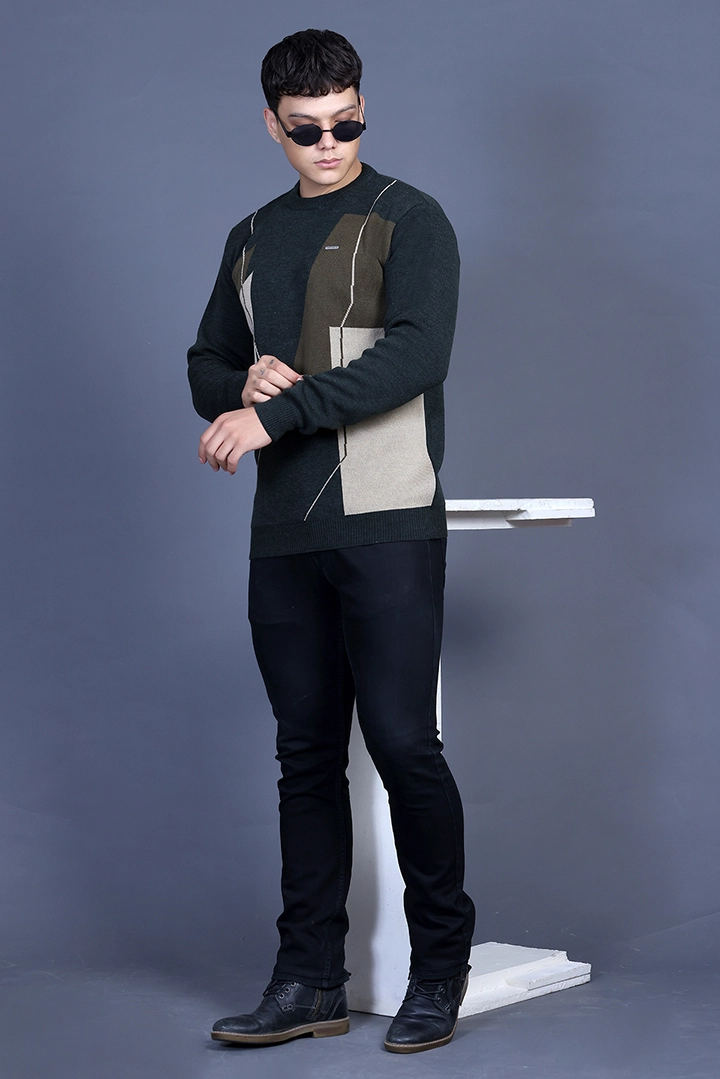 Olive Woolen Round Neck Designer Men Sweater