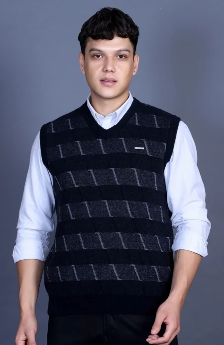 Navy V-Neck Sleeveless Half Sweater For Men