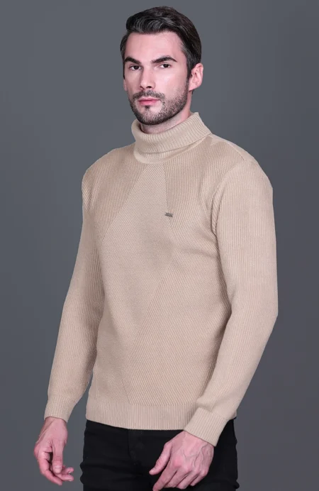 Beige Solid Turtle Neck Woollen Pullover