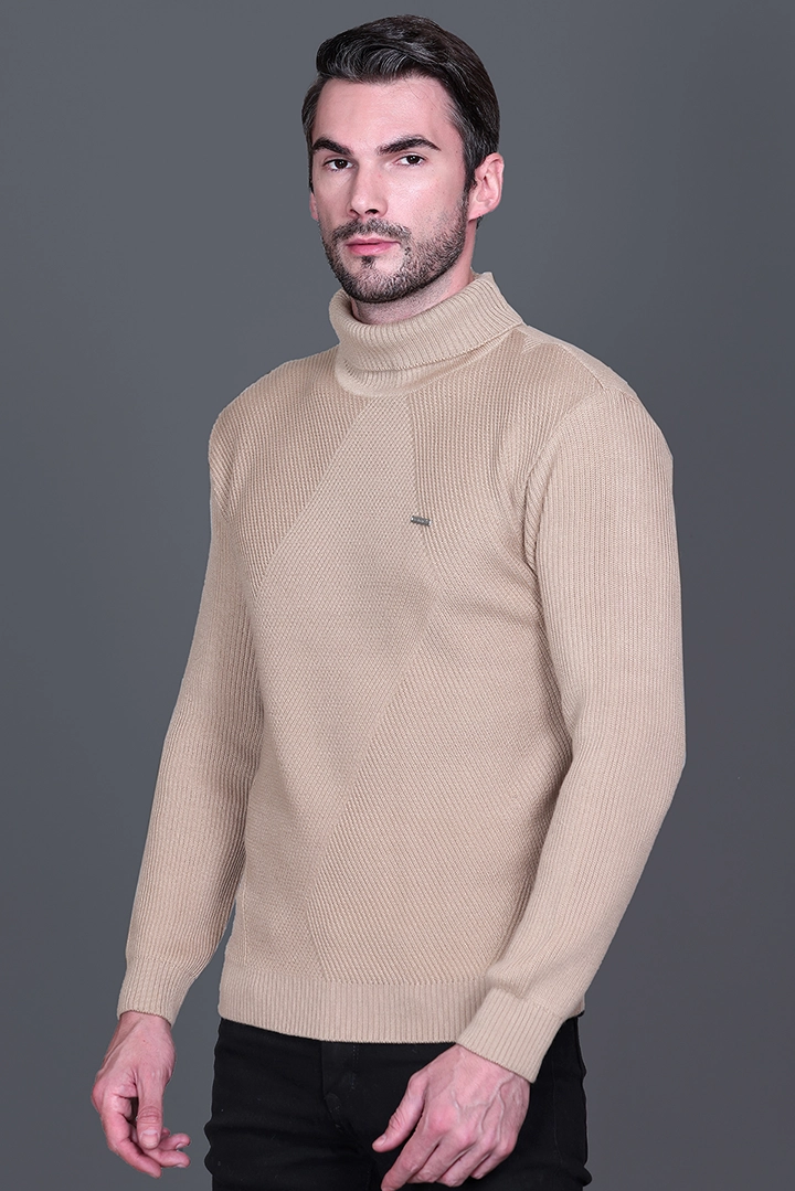 Beige Solid Turtle Neck Woollen Pullover