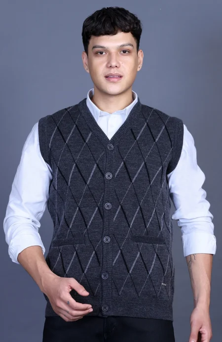 Charcoal Woolen V-Neck Sleeveless Mens Cardigan Sweaters