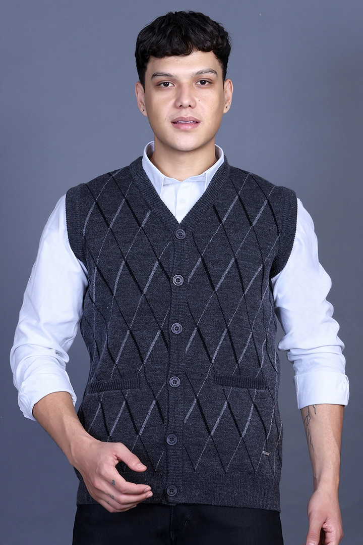 Charcoal Woolen V-Neck Sleeveless Mens Cardigan Sweaters