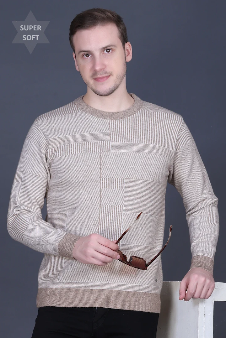 Mouse Brown Woolen Round Neck Designer Men Sweater