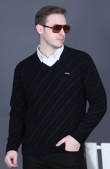 Black Olive Woolen V-Neck Designer Men Sweater