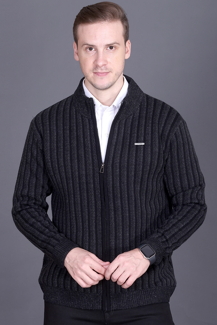 Black Woolen Mens Zip Sweater Full Sleeve