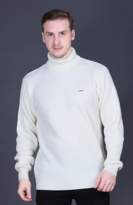 Off White Solid Turtle Neck Woollen Pullover