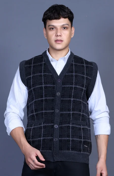 Charcoal V-Neck Sleeveless Mens Cardigan Sweaters