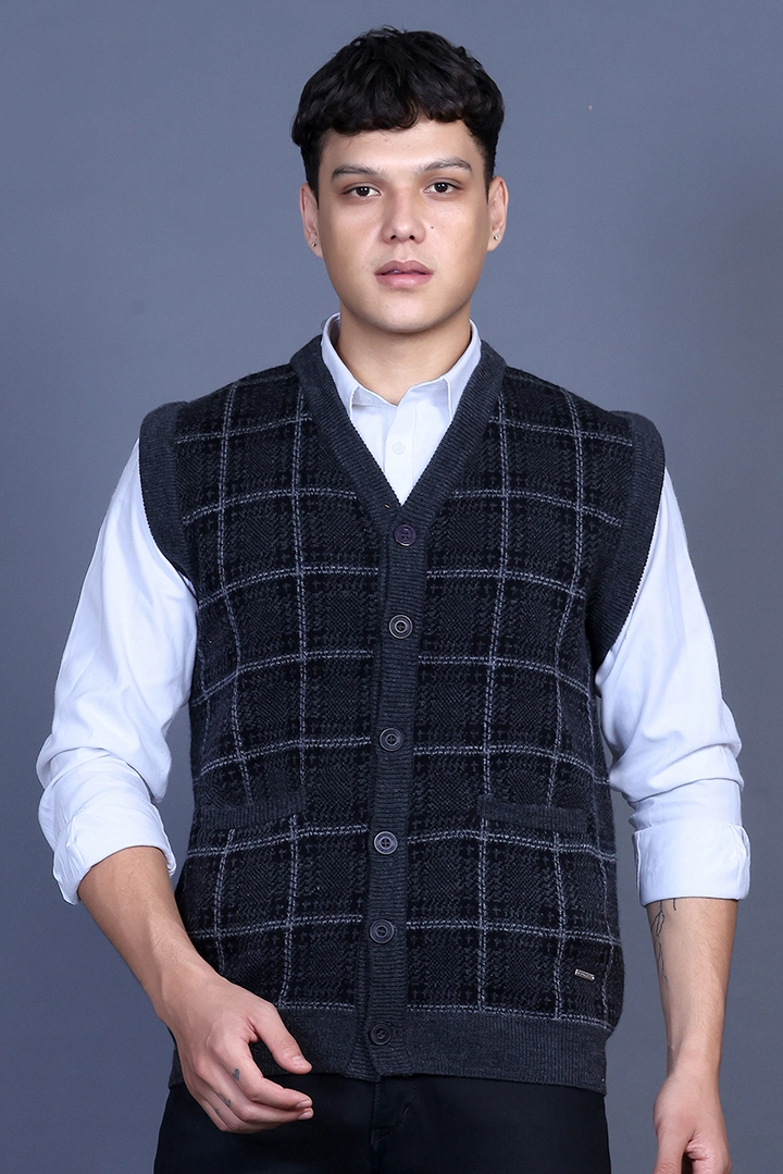 Charcoal V-Neck Sleeveless Mens Cardigan Sweaters