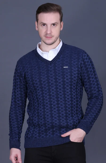 Denim Woolen V-Neck Pullover Sweater for Men
