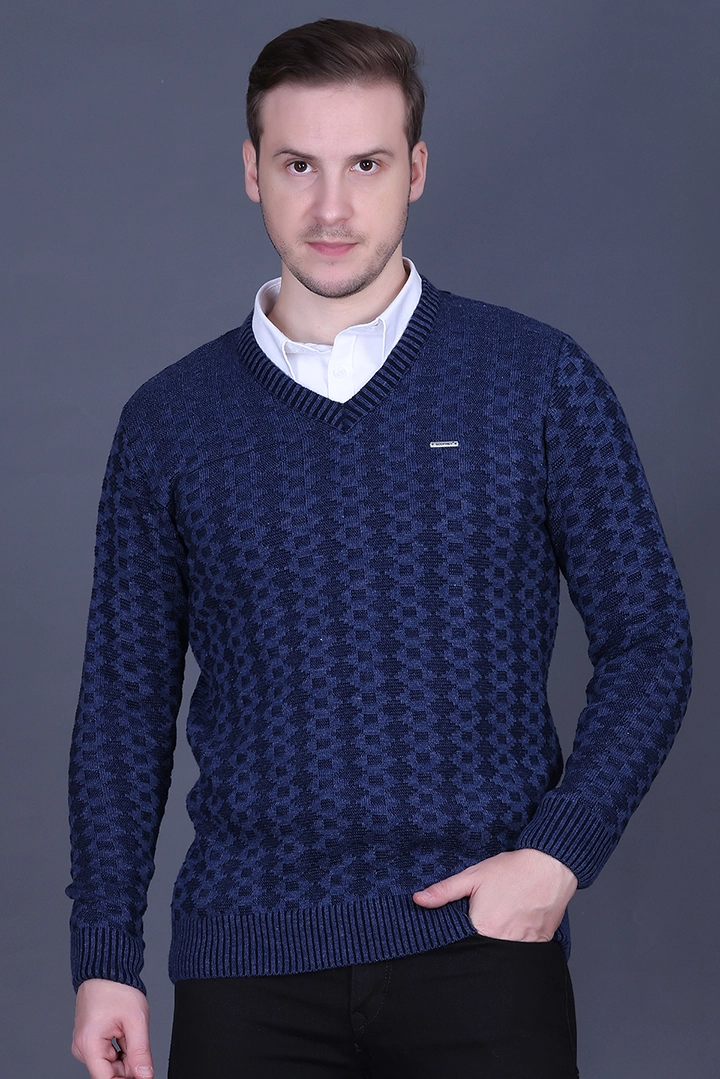 Denim Woolen V-Neck Pullover Sweater for Men