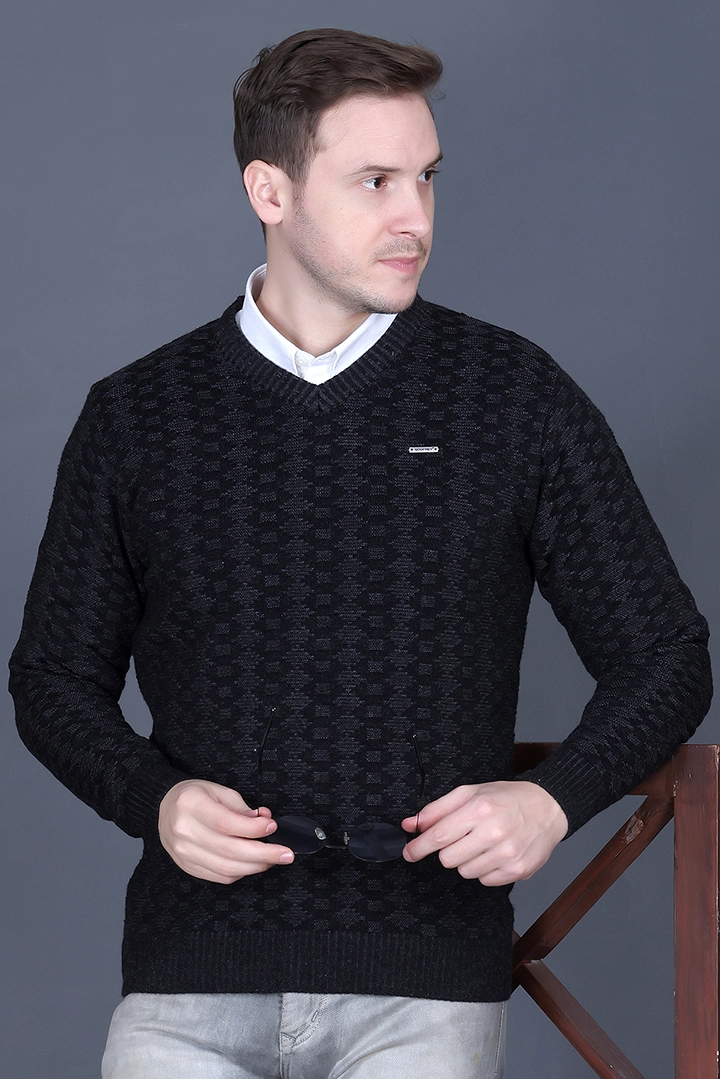 Black Woolen V-Neck Pullover Sweater for Men