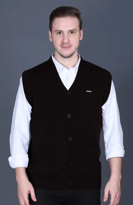 Black Woolen V-Neck Sleeveless Mens Cardigan Sweater
