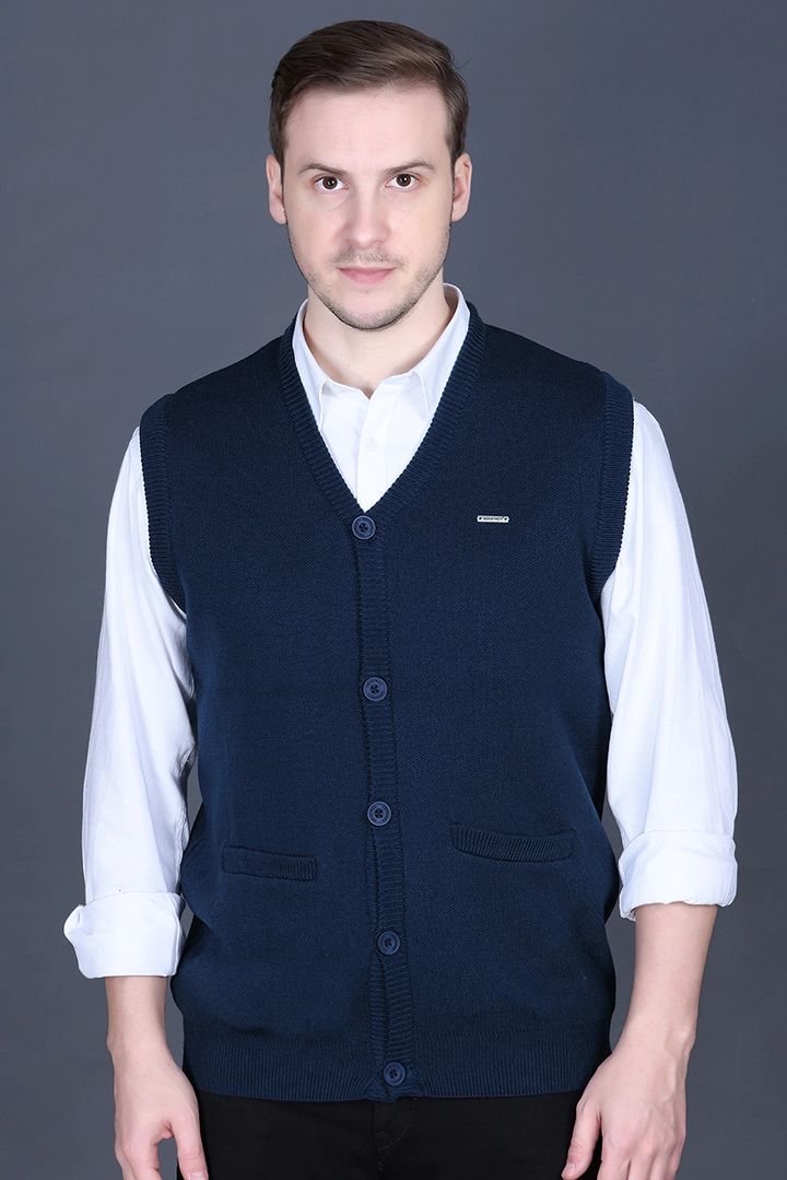 Teal Woolen V-Neck Sleeveless Mens Cardigan Sweater