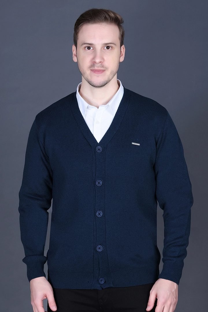 Teal Woolen V-Neck Full Sleeve Mens Cardigan Sweater