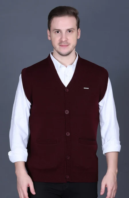 Wine Woolen V-Neck Sleeveless Mens Cardigan Sweater