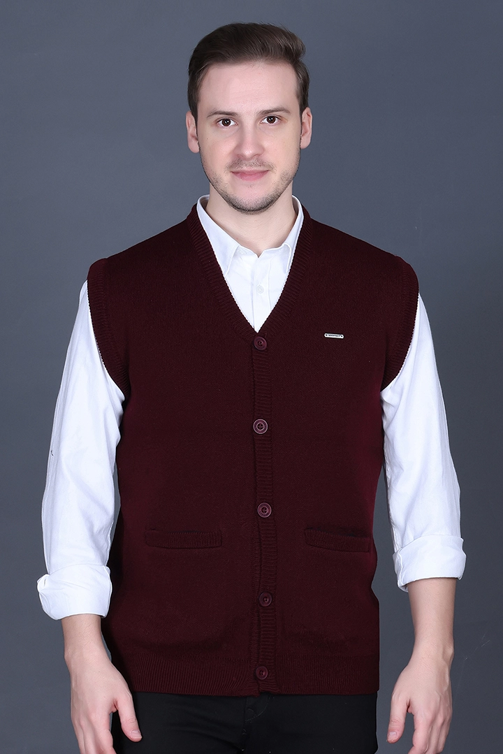 Wine Woolen V-Neck Sleeveless Mens Cardigan Sweater