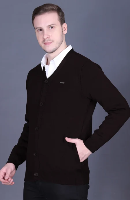 Black Woolen V-Neck Full Sleeve Mens Cardigan Sweater