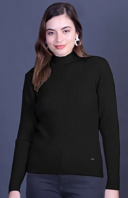 Black Full Sleeve Woolen Round Neck Sweater For Women