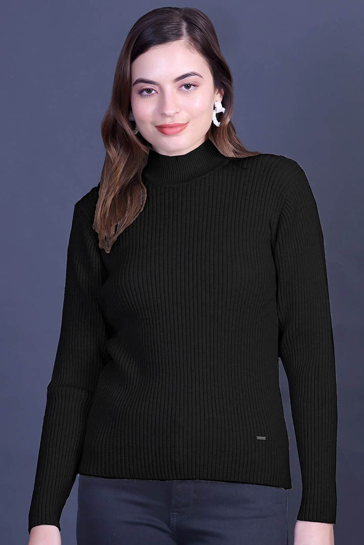 Black Full Sleeve Woolen Round Neck Sweater For Women