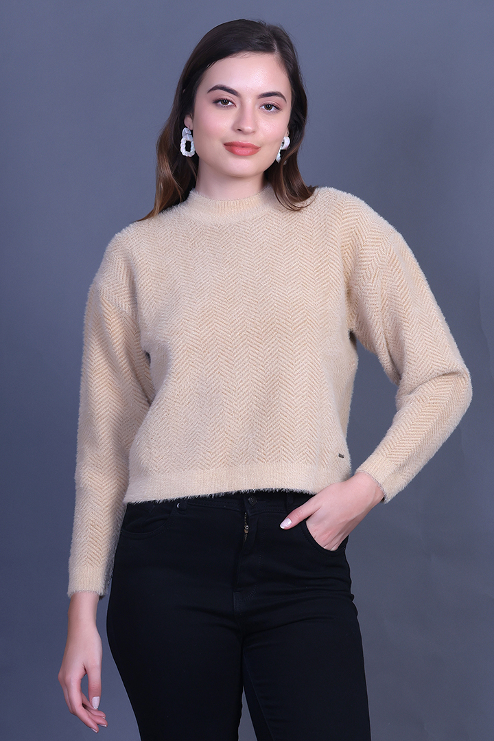 Beige Full Sleeve Woolen Round Neck Sweater For Women