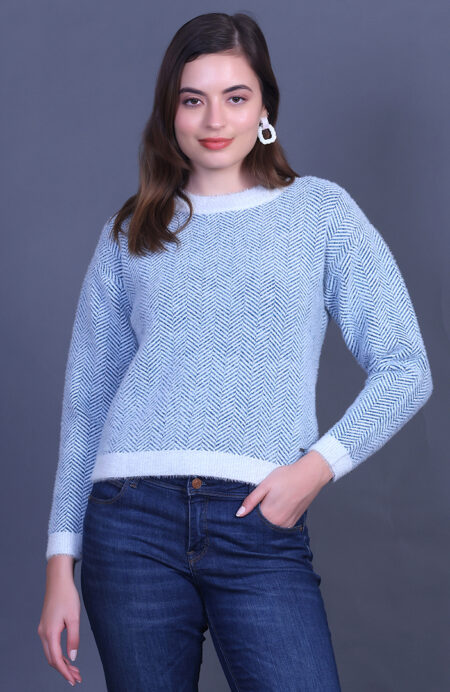 Teal Full Sleeve Woolen Round Neck Sweater For Women