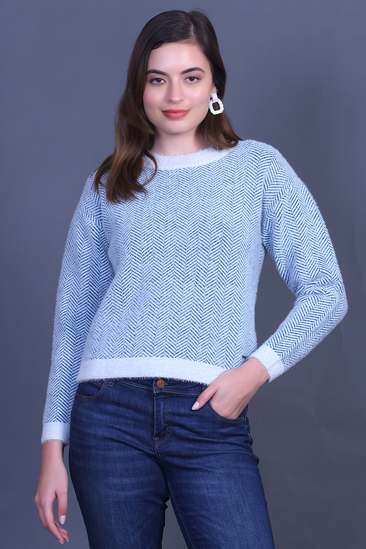 Teal Full Sleeve Woolen Round Neck Sweater For Women