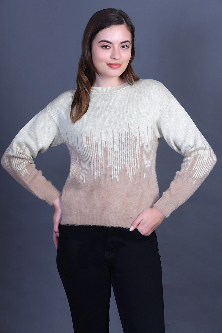 Beige Full Sleeve Woolen Round Neck Sweater For Women
